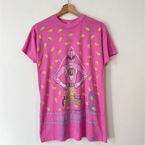 Vintage 90's Power Rangers Lightning Bolt AOP MMPR Pink Tee Shirt - Small